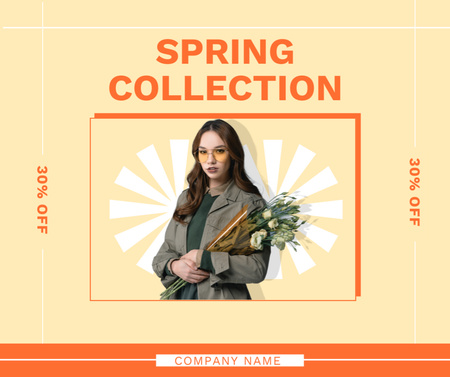 Spring Collection Sale with Brunette Woman with Bouquet of Flowers Facebook Design Template