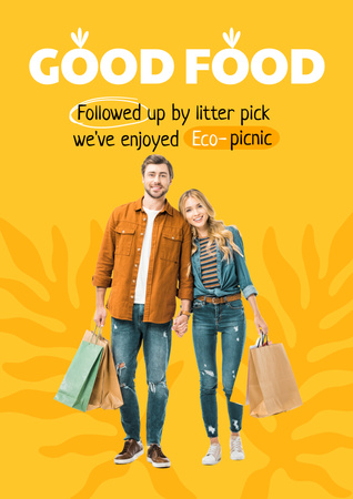 Ontwerpsjabloon van Poster van Eco-Picknick Voor Echtpaar Met Papieren Zakken