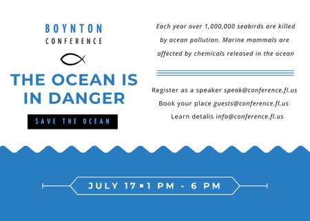 Ecology Conference Invitation with blue Sea Waves Postcard 5x7in Design Template