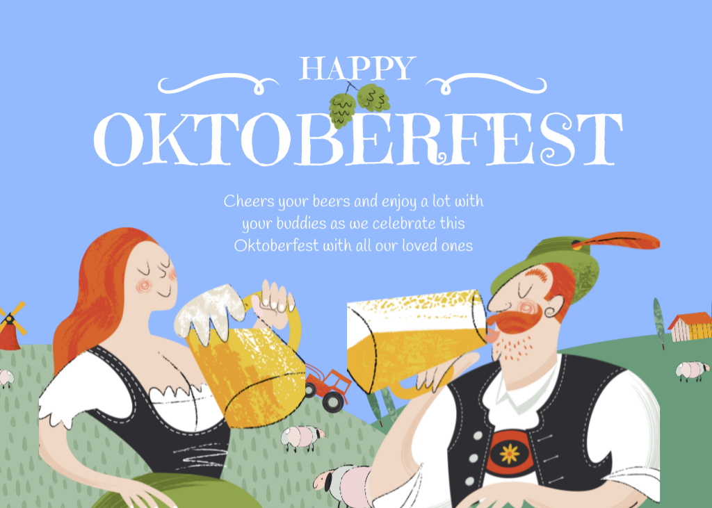 Oktoberfest Greeting With Illustration And Beer Postcard 5x7inデザインテンプレート