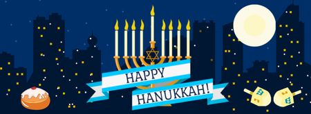 Template di design hanukkah saluto con minorca e città della notte Facebook cover