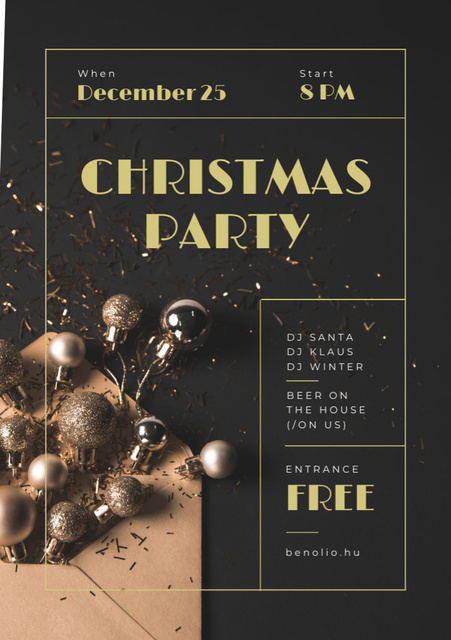 Delightful Christmas Party with Golden Baubles Flyer A5 Design Template