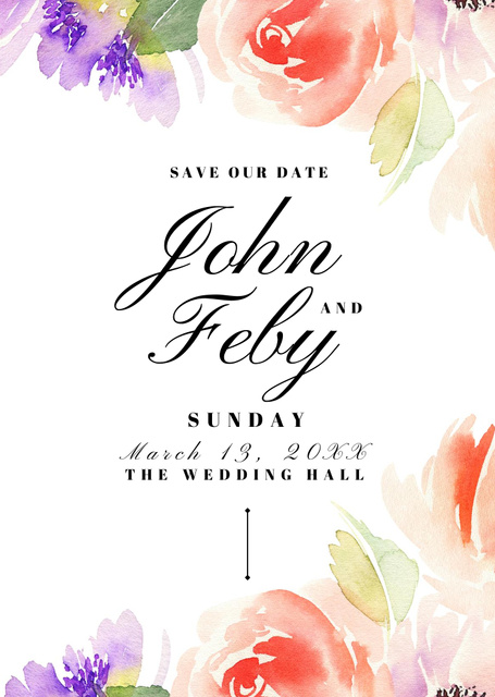 Plantilla de diseño de Wedding Event Announcement With Pink and Purple Watercolor Flowers Postcard A6 Vertical 