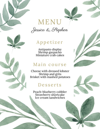 Wedding Food List with Watercolor Floral Decor Menu 8.5x11in Design Template