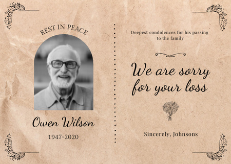 We Are Sorry for Your Loss of Nice Old Man Postcard 5x7in Design Template