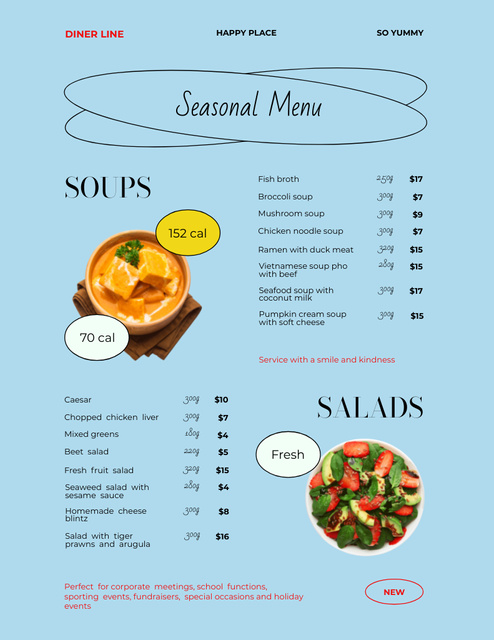 Seasonal Foods List Announcement on Blue Menu 8.5x11in – шаблон для дизайну