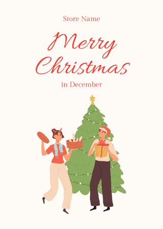 Christmas Greetings with Illustrated Couple Smiling Postcard A6 Vertical Design Template