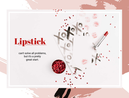 Ontwerpsjabloon van Postcard 4.2x5.5in van Promotie voor lippenstift en rode pailletten