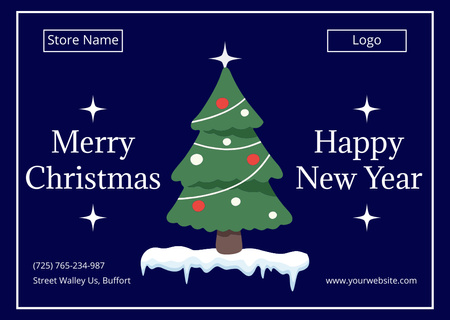 Ontwerpsjabloon van Postcard van Prettige kerstdagen en gelukkig nieuwjaarswensen met versierde spar