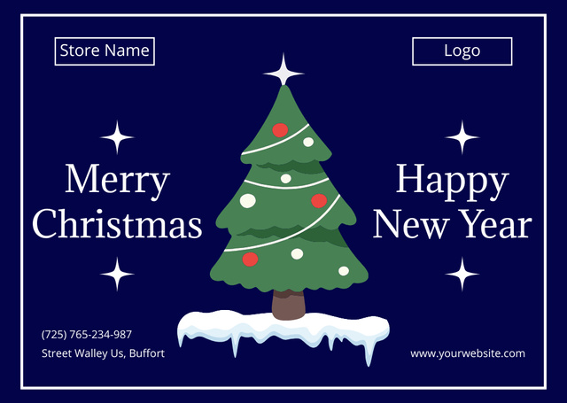 Merry Christmas and Happy New Year Wishes with Decorated Fir Postcard Design Template