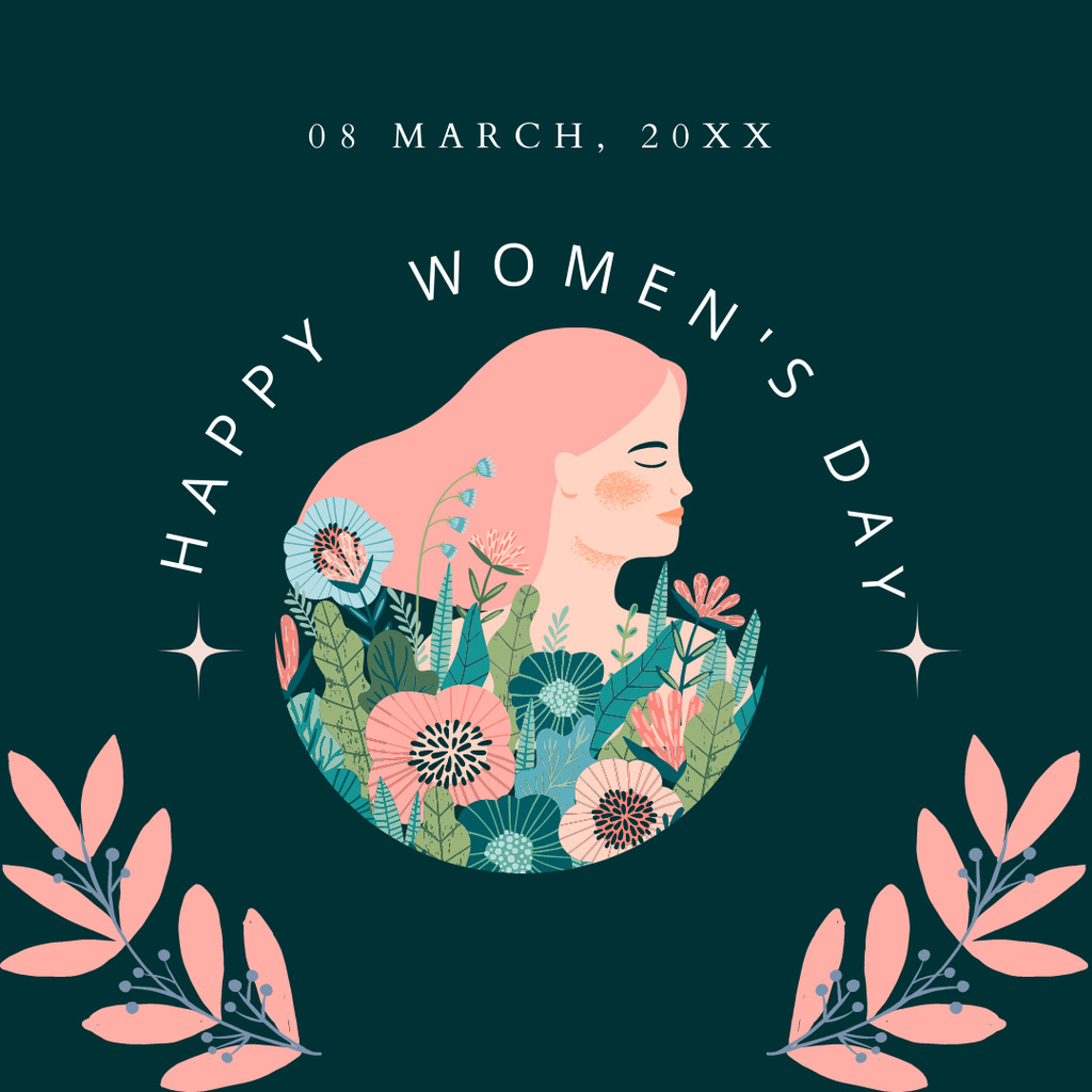 Women's Day Greeting with Beautiful Woman in Flowers Instagram Design Template