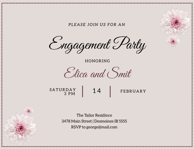 Engagement Party Announcement With Pink Flowers Invitation 13.9x10.7cm Horizontalデザインテンプレート