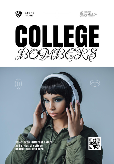 Template di design College Apparel and Merchandise Offer with Woman in Headphones Poster 28x40in