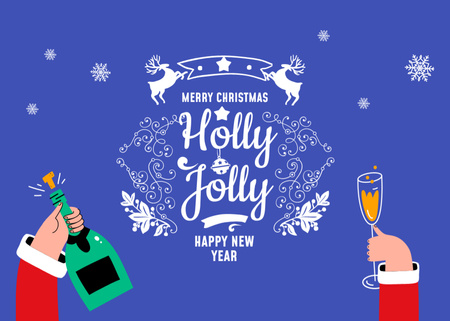 Ontwerpsjabloon van Flyer 5x7in Horizontal van Illustrated Christmas Greetings with Santa Claus And Champagne Bottle