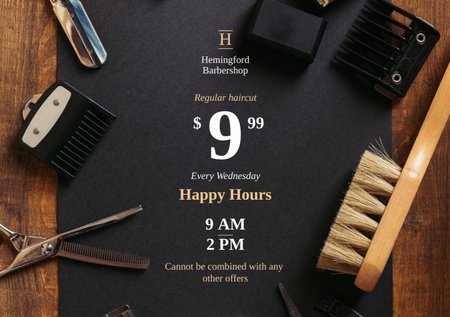 Barbershop Happy Hours Ad with Professional Tools Flyer A5 Horizontal Modelo de Design