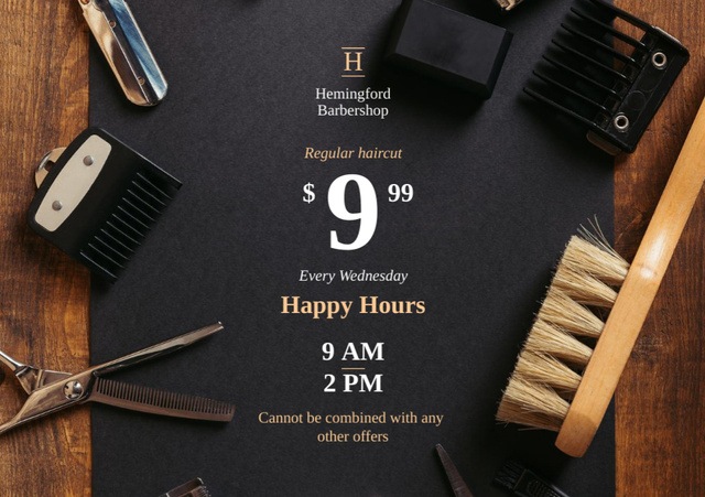 Barbershop Happy Hours Ad with Professional Tools Flyer A5 Horizontal Πρότυπο σχεδίασης