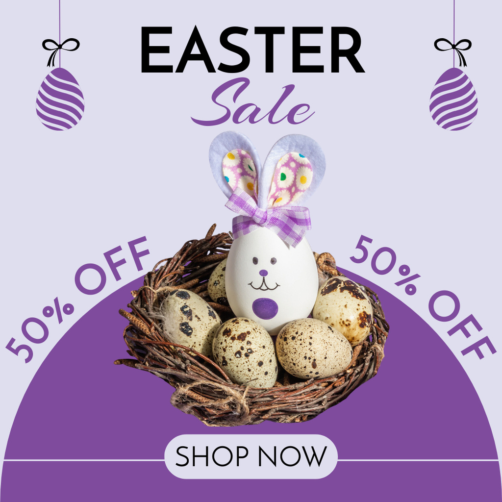 Template di design Easter Sale with Easter Rabbit with Quail Eggs in Nest Instagram