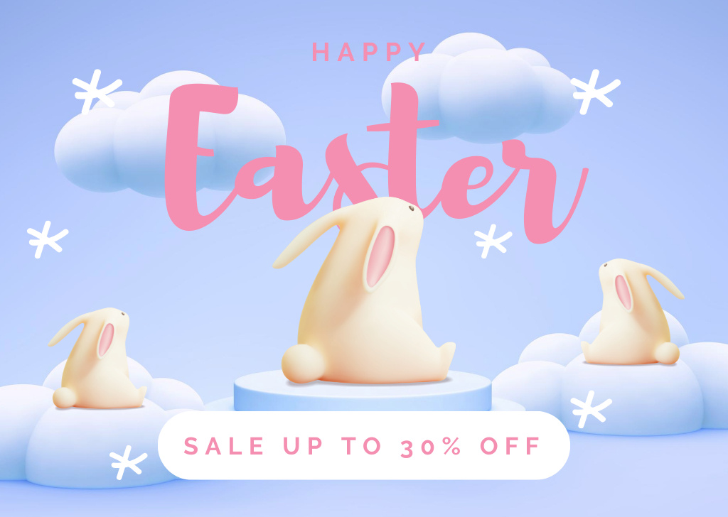 Easter Holiday Sale Announcement with Decorative Rabbits on Clouds Card Πρότυπο σχεδίασης
