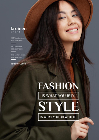 Designvorlage Modegeschäftsanzeige mit Frau in Mantel und Hut für Poster