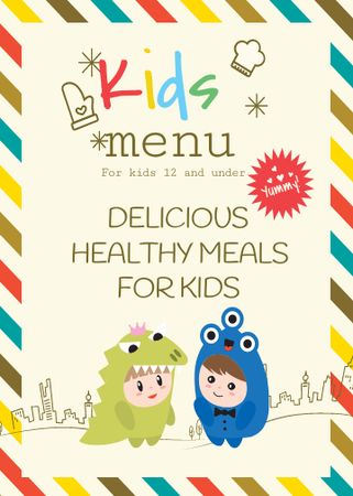 Plantilla de diseño de Kids menu offer with Children in costumes Flayer 
