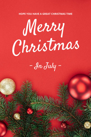 Ontwerpsjabloon van Flyer 4x6in van Stunning Christmas In July Greeting With Baubles And Twigs In Red