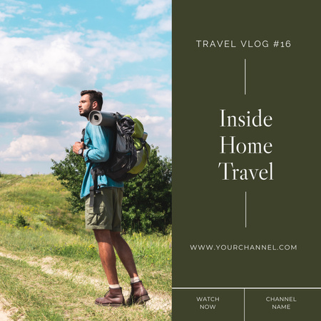 Человек с рюкзаком для блога о путешествиях на зеленом Instagram – шаблон для дизайна