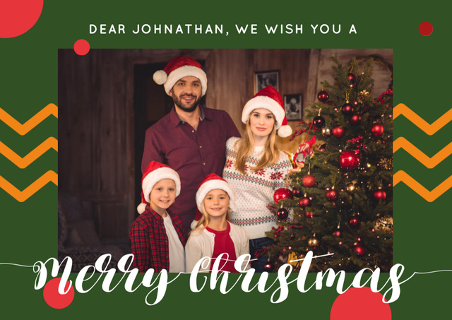 Designvorlage Merry Christmas Greeting with Family by Fir Tree für Postcard