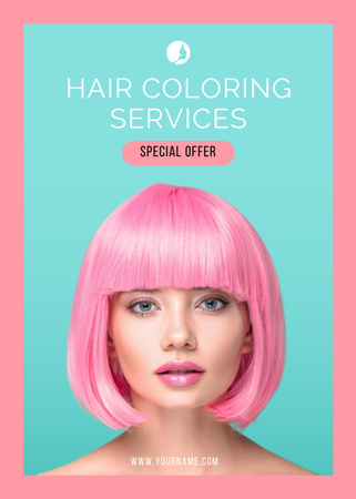 Hair Coloring Services Ad with Young Woman with Pink Hair Flayer Design Template