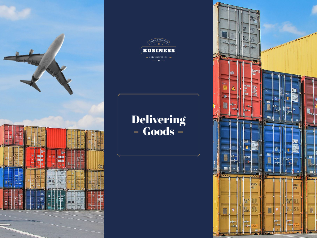 Delivery Service with Plane Flying over Warehouse Containers Presentation Design Template