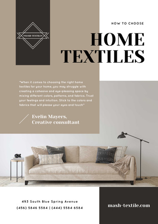 Revisão de têxteis-lar com sofá aconchegante Newsletter Modelo de Design