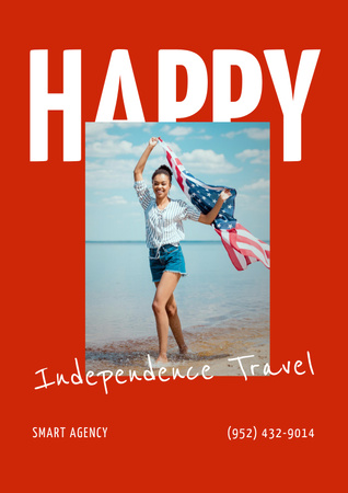 USA Independence Day Tours Offer with Cheerful Woman with Flag Poster Design Template