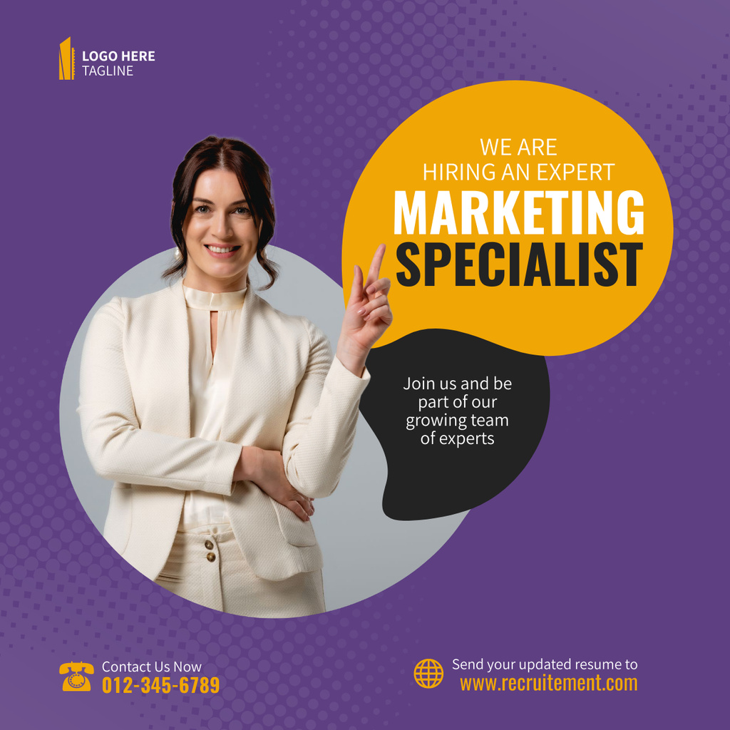 Modèle de visuel Marketing Specialist Hiring Ad on Purple - LinkedIn post