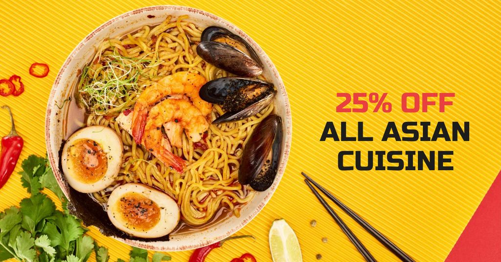 Asian Cuisine Dish with Noodles At Reduced Prices Facebook AD Tasarım Şablonu
