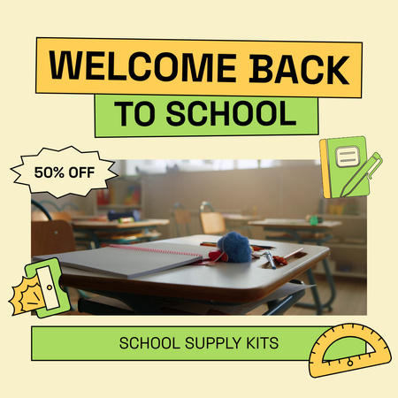Convenient School Stationery Kits With Discount Animated Post Design Template