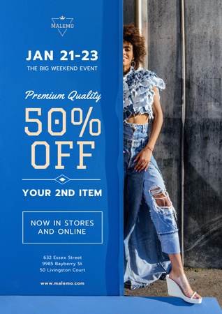 Fashion Sale with Woman Wearing Denim Clothes Poster Design Template