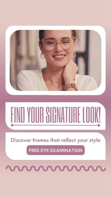 Young Woman Selecting Perfect Frames for Glasses Instagram Video Story Design Template