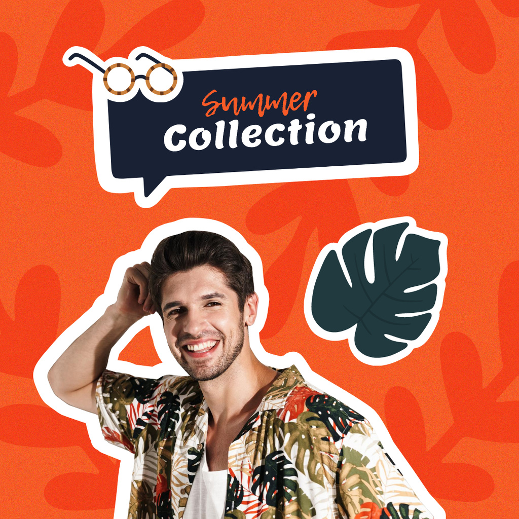 Plantilla de diseño de Summer Fashion Collection Ad with Man in Bright Shirt Instagram 
