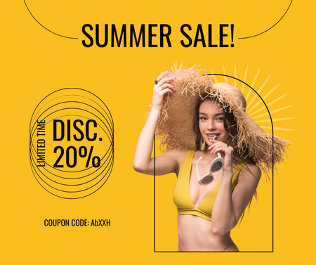 Summer Sale Ad with Woman in Swimsuit and Straw Hat Facebook Design Template