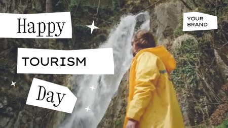 Людина біля водоспаду на День туризму Full HD video – шаблон для дизайну