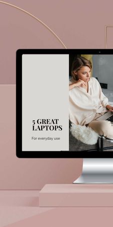Gadgets review with Woman working on Laptop Graphic Design Template