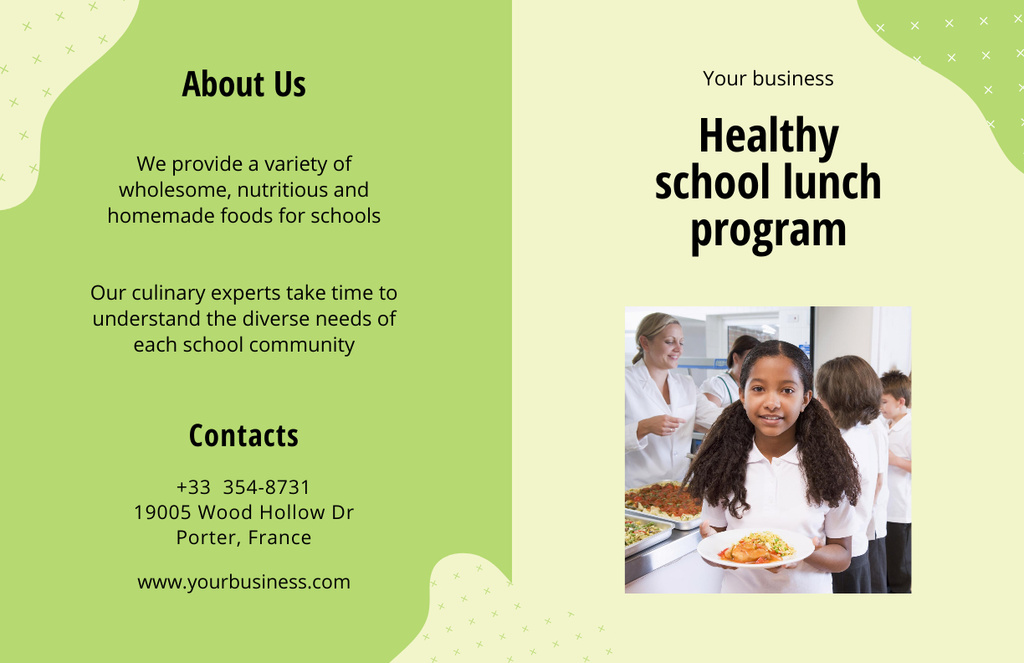 Mouthwatering School Lunch Program Ad with Pupils in Canteen Brochure 11x17in Bi-fold Tasarım Şablonu