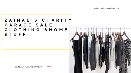 Charity Sale announcement Black Clothes on Hangers FB event cover Modelo de Design