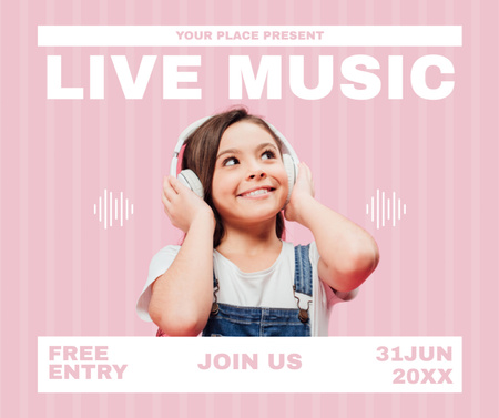 Live Music Festival with Cute Girl in Headphones Facebook tervezősablon