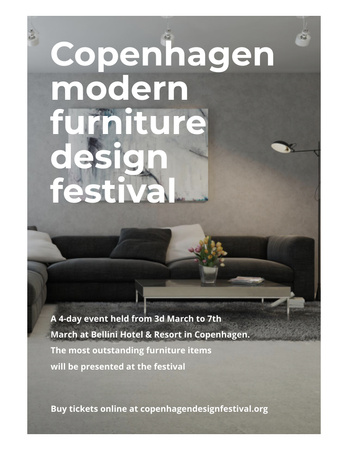 Ontwerpsjabloon van Flyer 8.5x11in van Interior Decoration Event Announcement with Sofa in Grey