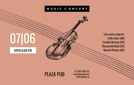 Announcement Of Classical Music Event With Violin Invitation 4.6x7.2in Horizontal Design Template