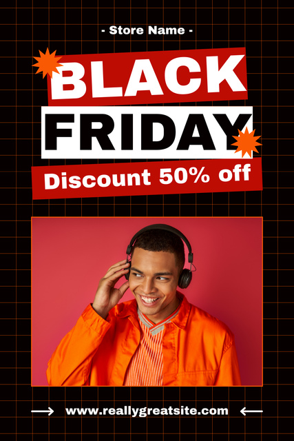 Designvorlage Black Friday Discount on Headphones für Pinterest