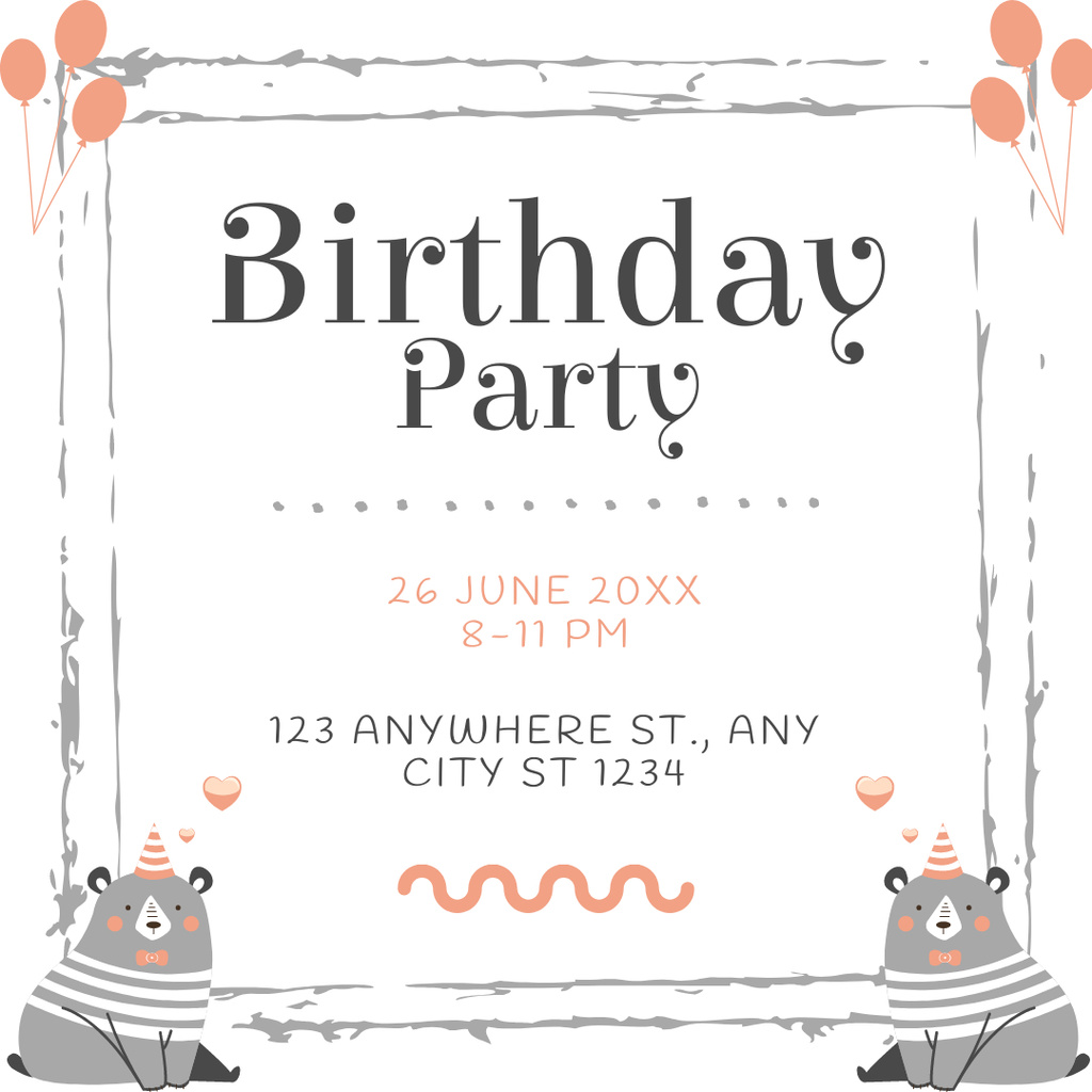 Birthday Party Invitation with Cute Teddy Bears Instagramデザインテンプレート