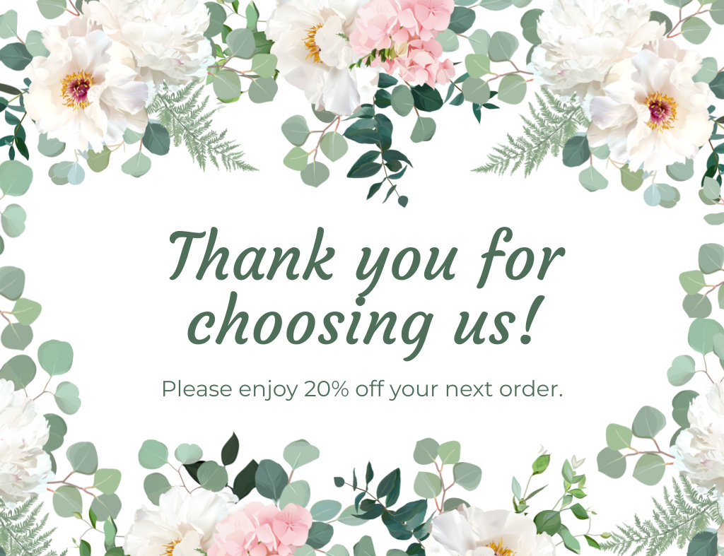Thank You for Choosing Us Text with Watercolor Flowers Thank You Card 5.5x4in Horizontal Modelo de Design