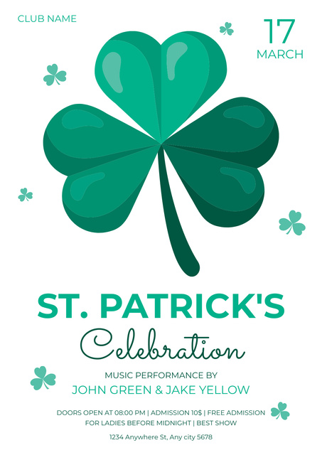 St. Patrick's Day Celebration Announcement with Clover Leaf Poster Design Template