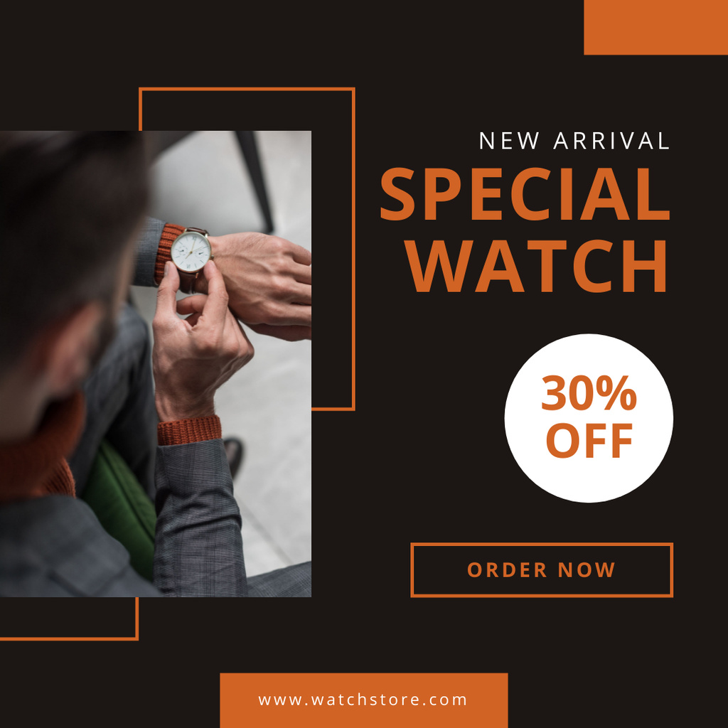 Watches Sale Offer with Man Looking at Wrist Clock Instagram tervezősablon